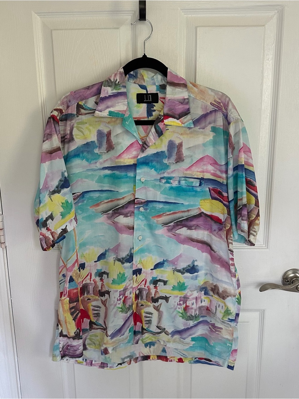 Dunhill Multicolor Watercolor Short-Sleeve Button-Down Shirt Abstract Beach Sz M